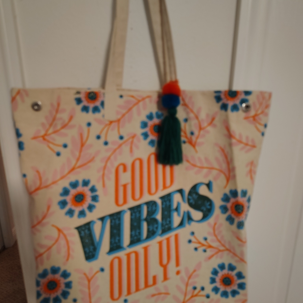 Floral Canvas Tote Bag - Cream and Blue